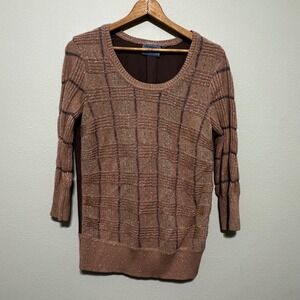 Simply Vera Vera Wang Womens Sweater Rose Gold Metallic Plaid 3/4 Sleeve Size M